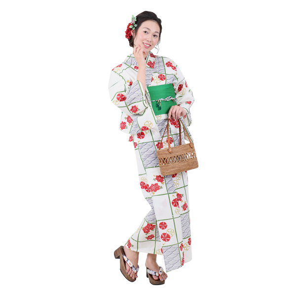 本仕立て綿麻女性浴衣-竹枠に青海波と夏花・立夏